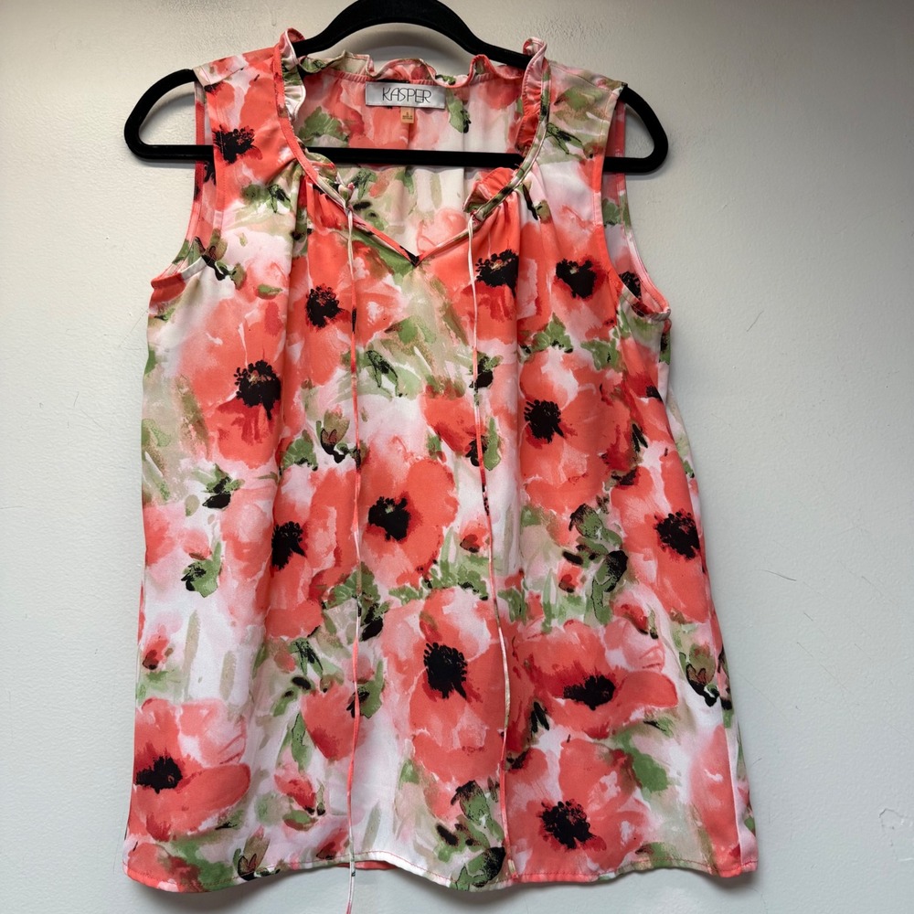 Kasper Blouse Women Small Coral Floral Watercolor Ruffle Tie Neck Sleeveless